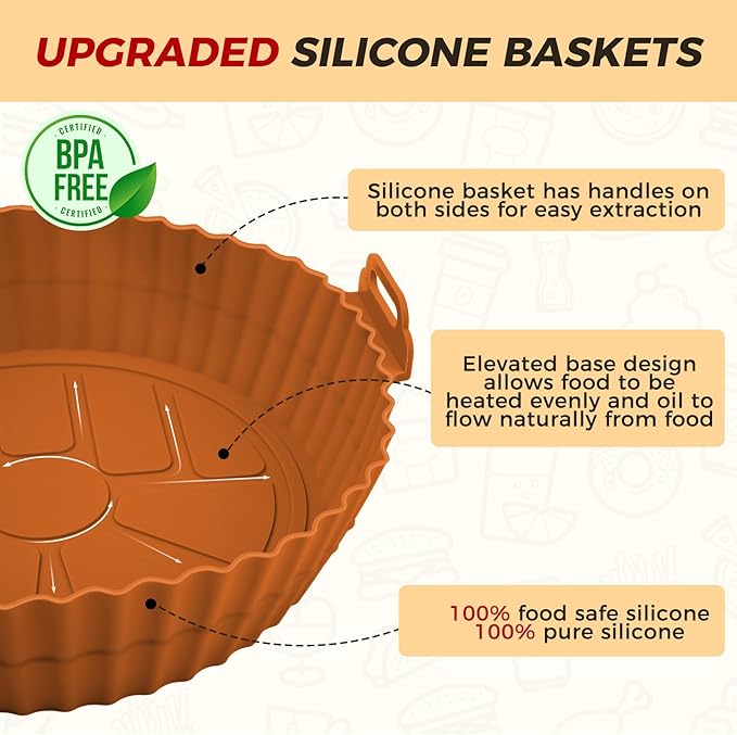 Beauty 3 Pack Air Fryer Liners - 8 Inch Silicone Pot, Reusable Food Grade, Baking Basket