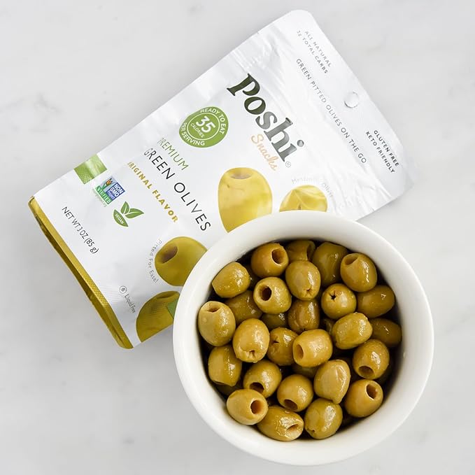 Poshi Green Olives On-The-Go - Original Flavor - Single Serve Pitted Olives - Convenient and