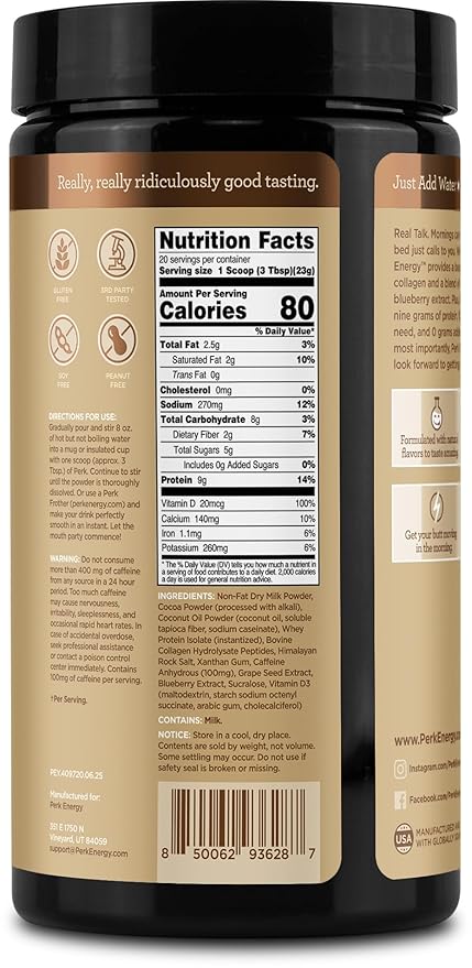 Perk Energy Original Dutch Hot Cocoa (20 Servings) - Gluten Free and Soy Free