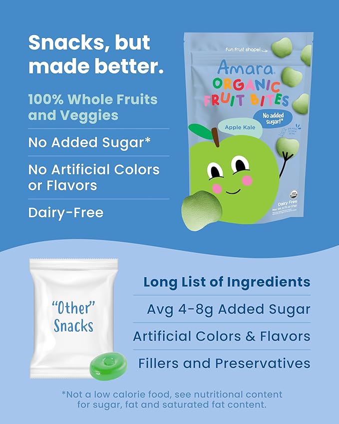 Amara Organic Fruit Bites Apple Kale - No Artificial Colors/Dyes, Added Sugar, Dairy-Free Fruit