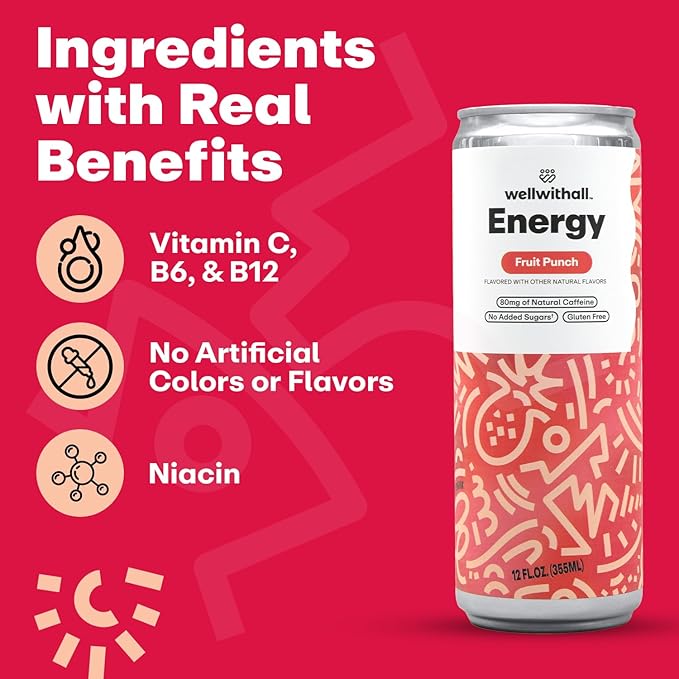 WellWithAll Fruit Punch Energy Drink ??Caffeine from Tea ??With Vitamin C ??Lightly Sparkling