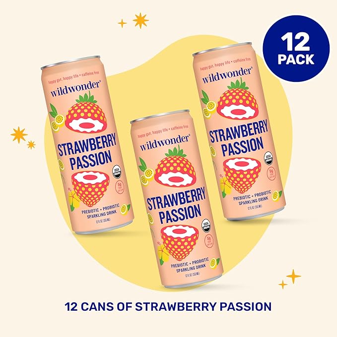 wildwonder Sparkling Probiotic Drink 12pk, For Gut Health & Immune Support, Strawberry Passion, 5g