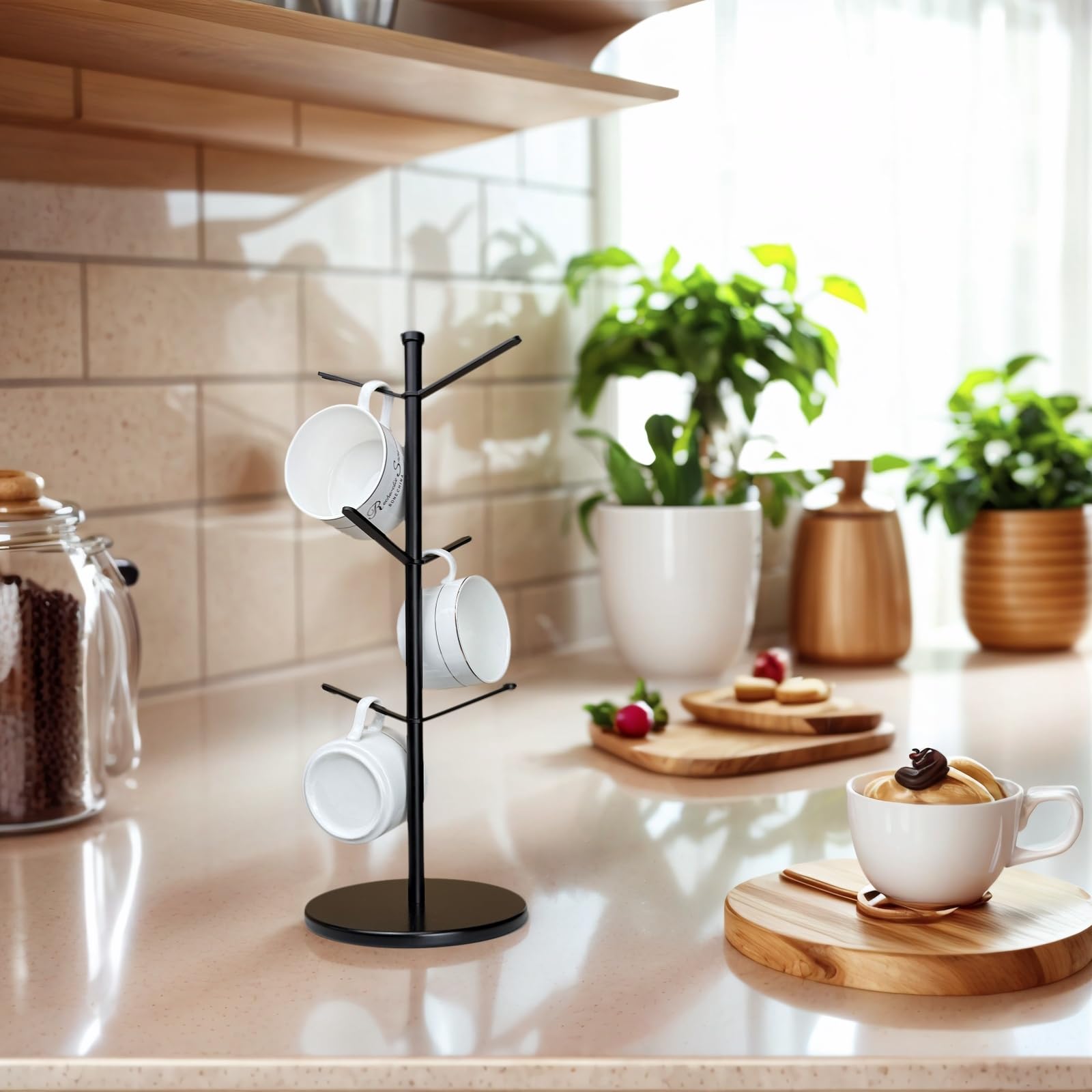 ZOMETUO Premium Mug Tree, 6 Hooks Upgraded Stable Metal Mug Holder, Bamboo Base Coffee Mug Cup Rack