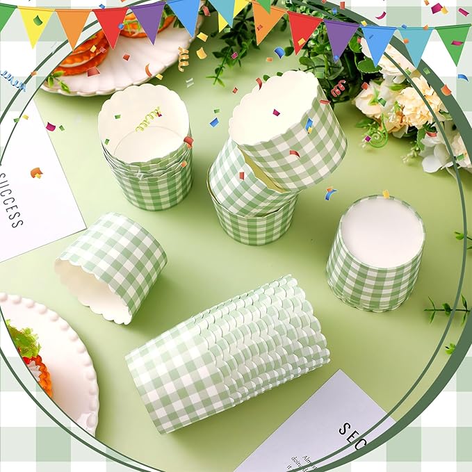 Vesici 150 Pcs Sage Green Gingham Ice Cream Cups 5oz Dessert Paper Bowls Gingham Scalloped Cupcake