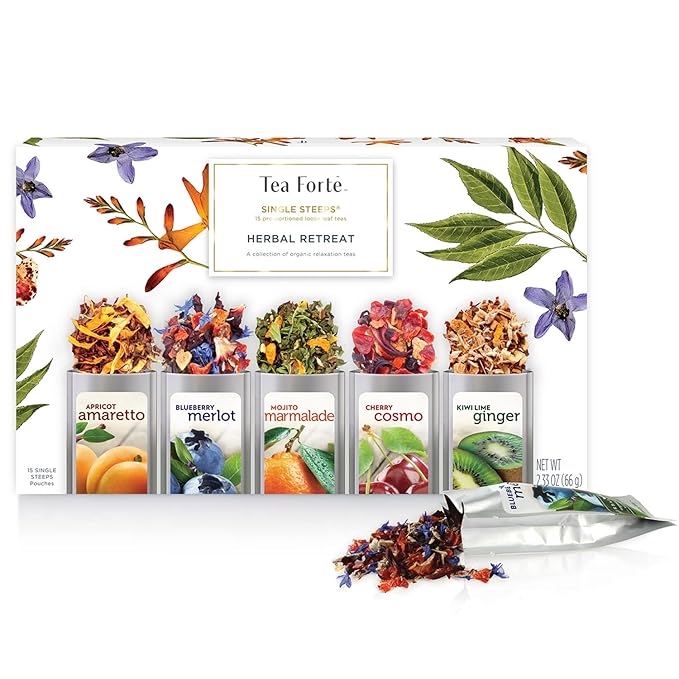 Tea Forte Single Steeps Loose Leaf Herbal Retreat Premium Tea Sampler 15 Count 3 of Each Assorted