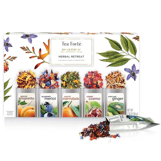 Tea Forte Single Steeps Loose Leaf Herbal Retreat Premium Tea Sampler 15 Count 3 of Each Assorted