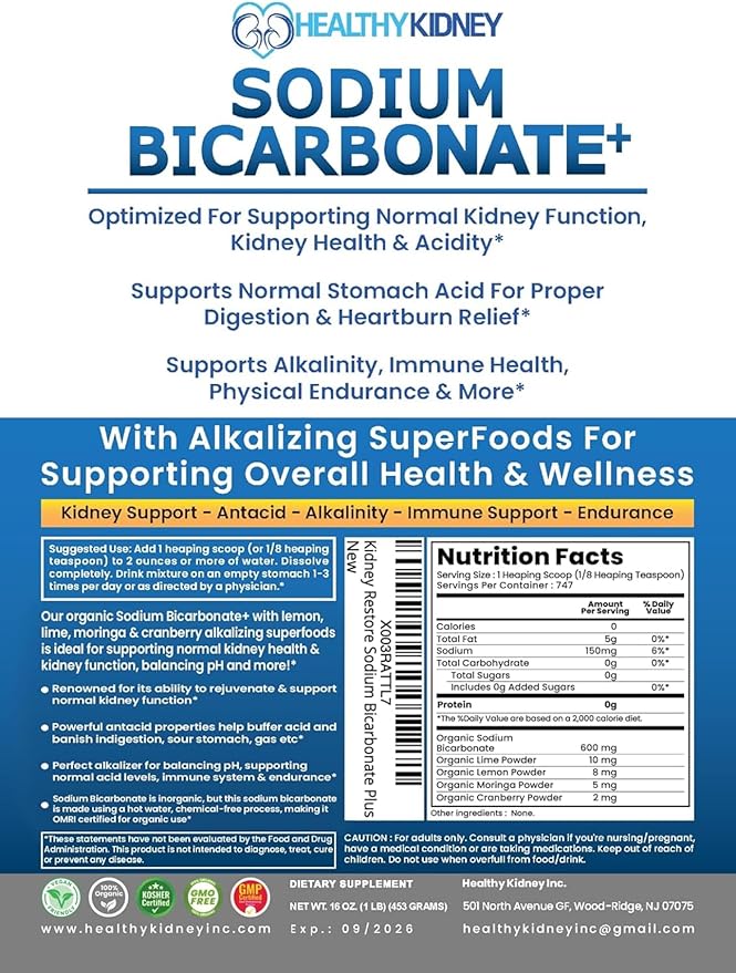 Organic Use Sodium Bicarbonate Alkaline Supplement for Alkalinity. Support Kidneys & Stomach Acid