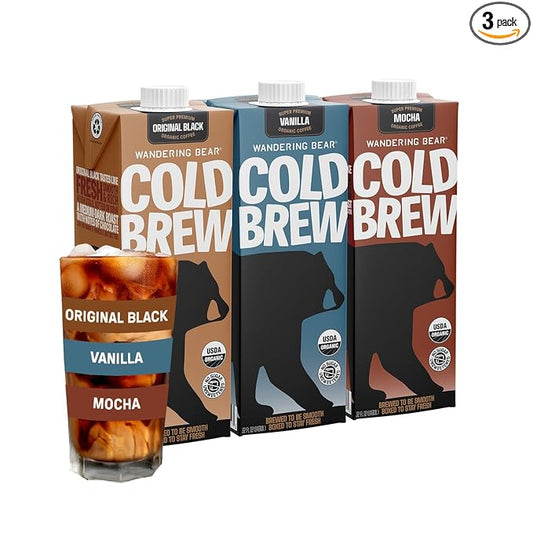 Wandering Bear Organic Cold Brew Coffee, Variety Pack, 32 fl oz (3pk - Black, Mocha, Vanilla)