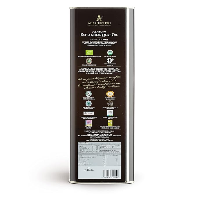 A ATLAS OLIVE OILS Bulk Organic Cold Pressed Moroccan Extra Virgin Olive Oil, Polyphenol Rich