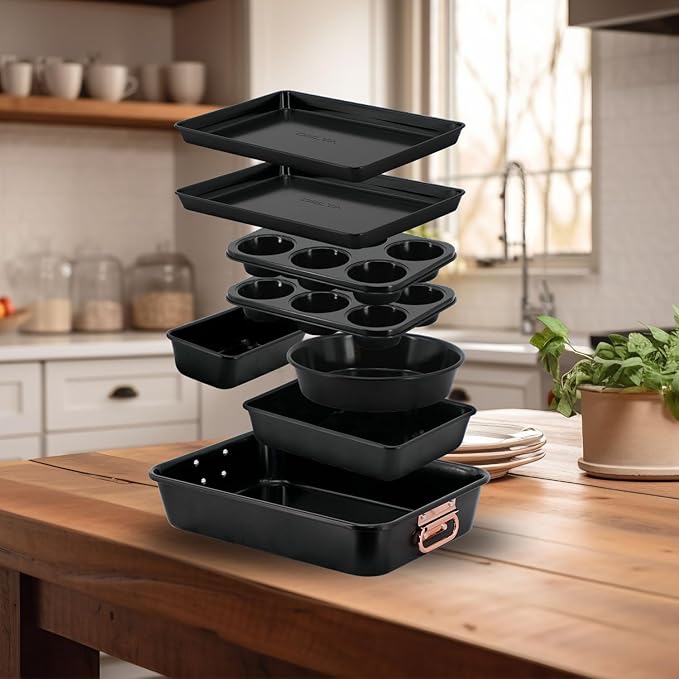 Nonstick Ceramic Bakeware Set – 8 Piece Baking Pans Set, Oven Safe to 450°F, Includes Muffin Pans