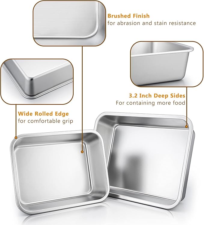 Deep Lasagna Pan Set of 2, E-far Stainless Steel Rectangular Roasting Baking Pans, 12.75 x 10 &