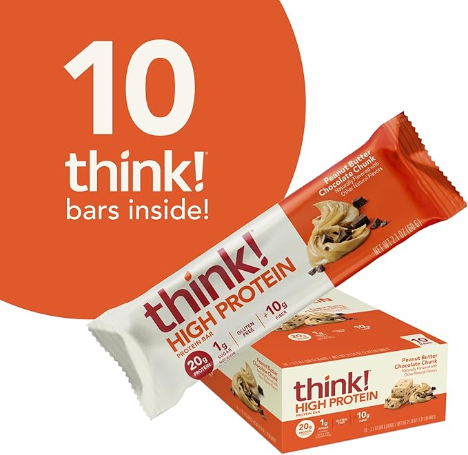think! Protein Bars, High Protein Snacks, Gluten Free, High Fiber, Peanut Butter Chocolate Chunk