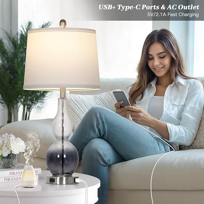 27.5" Gradual Gray Clear Glass Table Lamp Set of 2,3-Way Dimmable Touch Control Bedside Lamps with