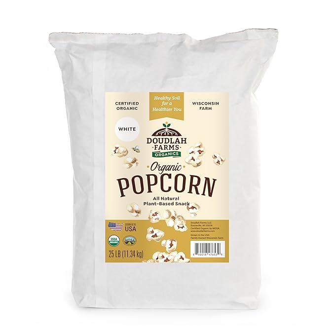 Organic White Popcorn Kernels Unpopped 25 lb Bulk - Healthy, Non-GMO, Gluten-Free, Pesticide-Free