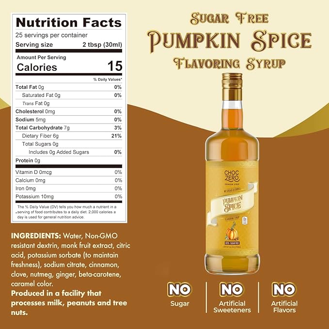 ChocZero Sugar Free Coffee Syrup, Pumpkin Spice Flavor, Simple Syrup Drink Mix, Chai Latte, Protein