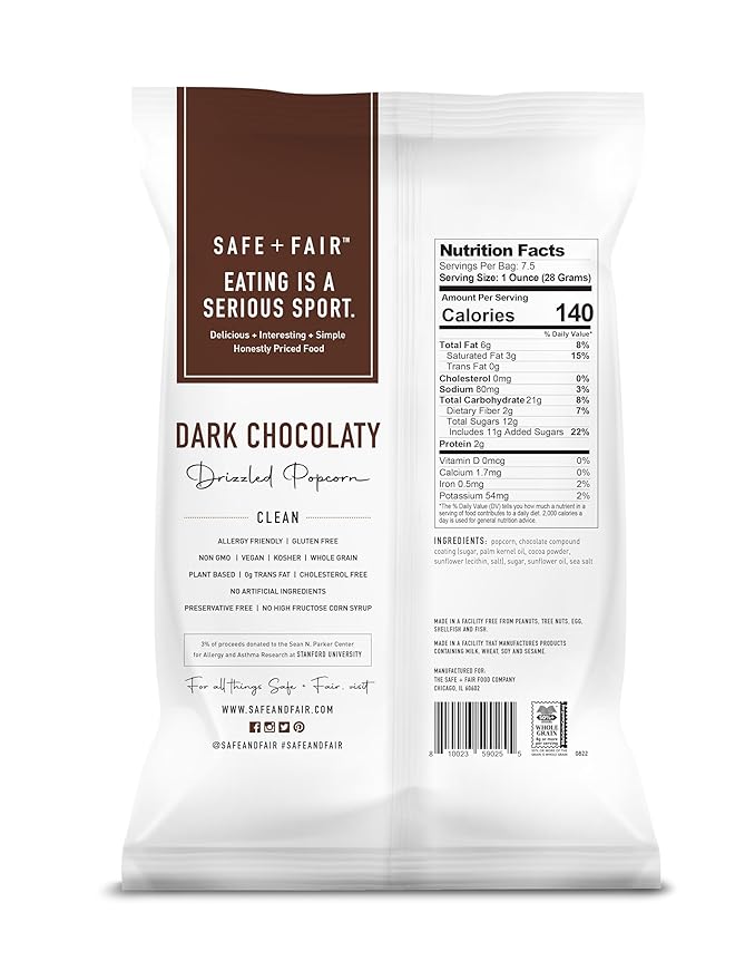 Safe + Fair Food Company Plant-Based Gourmet Chocolate Flavored Popcorn - Dark Chocolaty Drizzled