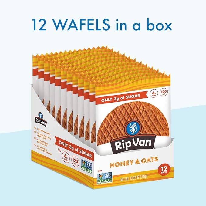 Rip Van Wafels Honey & Oats Stroopwafels - Healthy Snacks - Non GMO Snack - Keto Friendly - Office