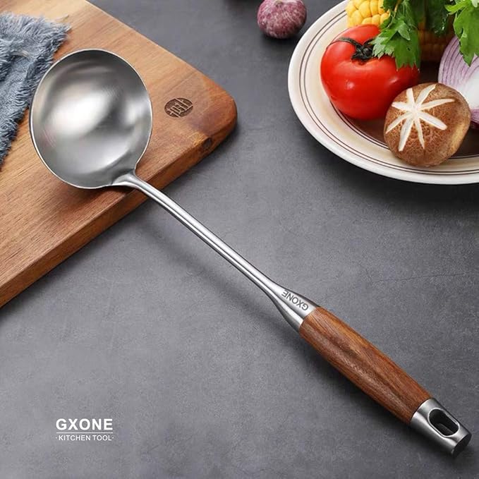 Soup Ladle,304 Stainless Steel Cooking Ladle Spoon Wok Tools with Long Wooden Handle Heat