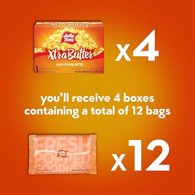 Jolly Time Xtra Butter Trans Fat & Gluten Free Microwave Popcorn with Extra Buttery Fresh Popped