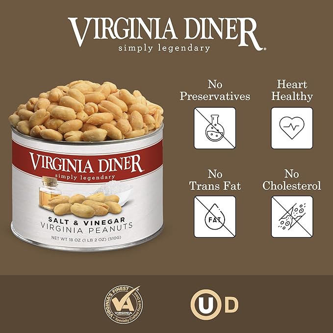 Virginia Diner - Salt and Vinegar Seasoned Extra Large Virgnia Peanuts 18oz in Resealable Can for