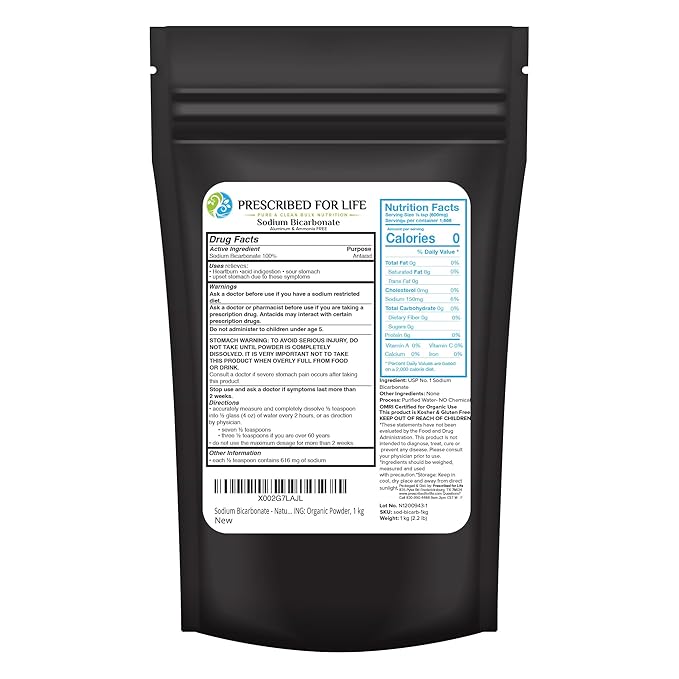 Prescribed For Life Sodium Bicarbonate Powder, Organic Aluminum Free Baking Soda, Bicarbonato de