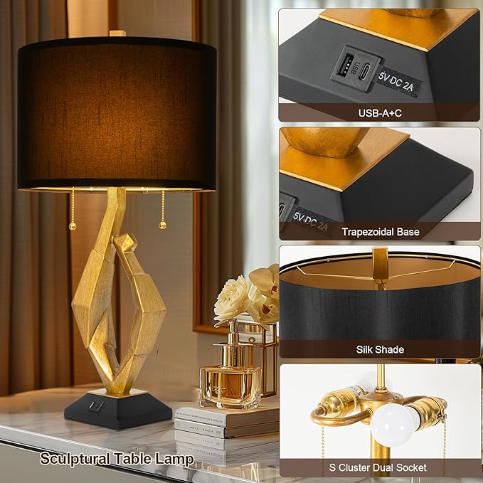 Sculptural Table Lamp Set of 2 with USB Ports For Living Room, Gold Leaf Finish Farmhouse Bedside
