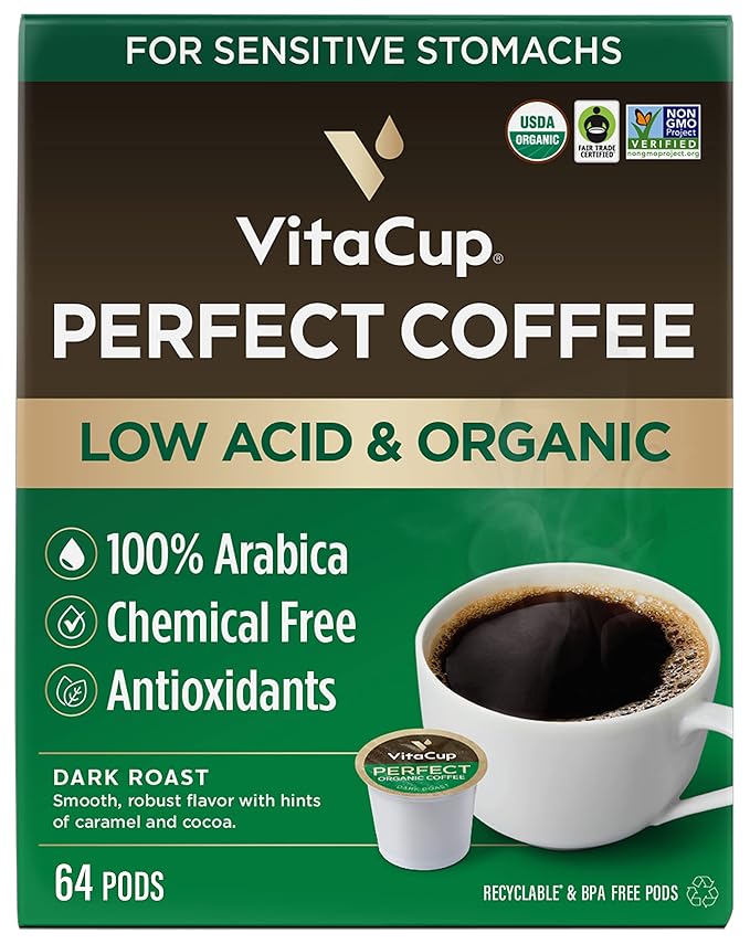 VitaCup Perfect Low Acid Coffee Pods, USDA Organic & Fair Trade, Mycotoxin Free, Dark Roast