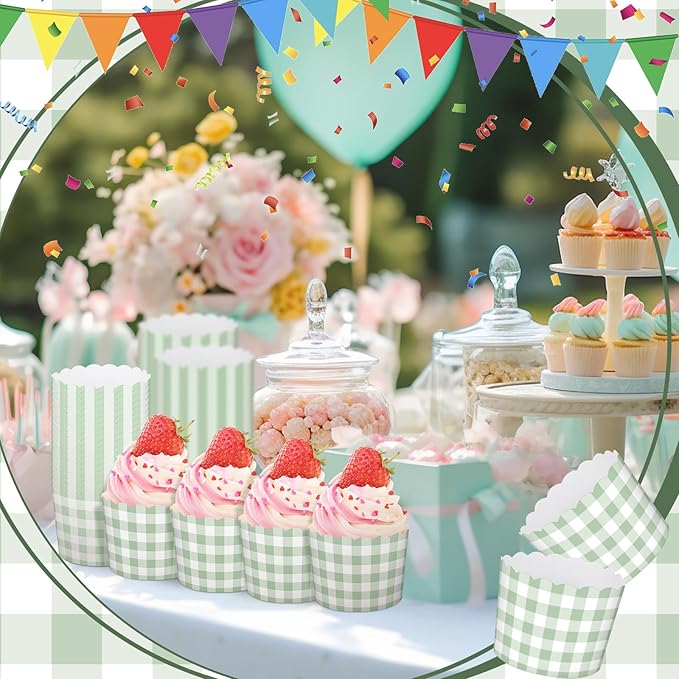 Vesici 150 Pcs Sage Green Gingham Ice Cream Cups 5oz Dessert Paper Bowls Gingham Scalloped Cupcake