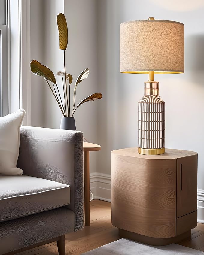 25" Table Lamps Set of 2, Modern Ceramic Bedside Lamps - Farmhouse Brown Nightstand Lamps for