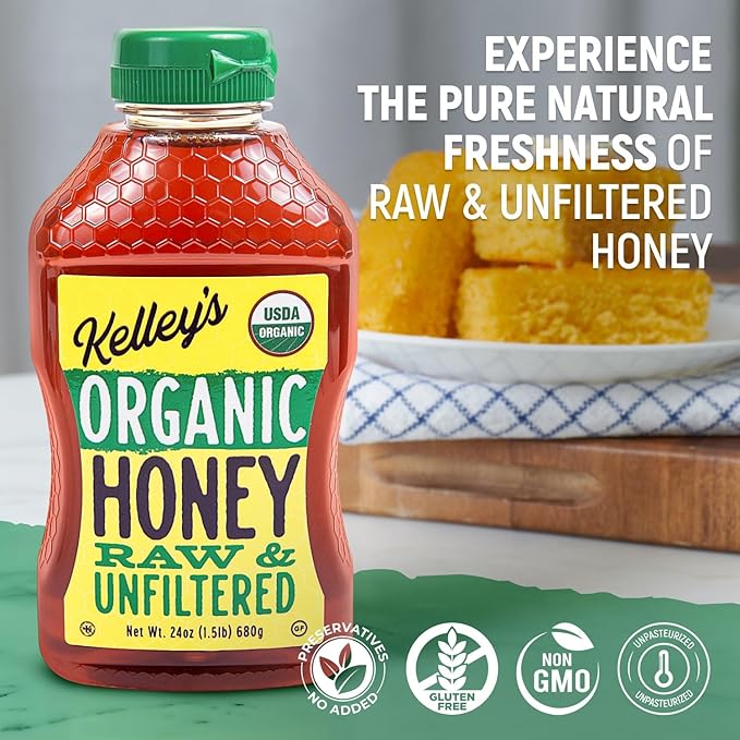 Kelley's 100% Organic Raw & Unfiltered Honey, USDA Certified, 24 Oz – All Natural, Flavor-Rich