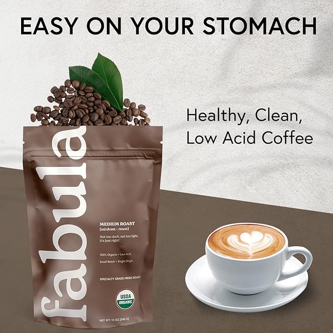 Fabula Low Acid Coffee Beans Whole, USDA Organic Coffee Beans Medium Roast - Non-GMO - No Molds