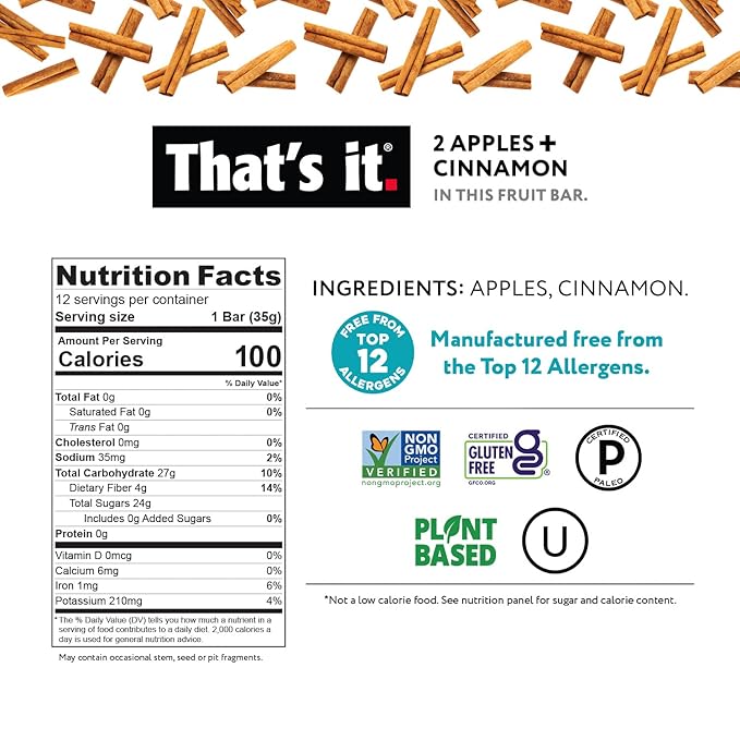 That's it. Apple + Cinnamon 100% Natural Real Fruit Bar, Best High Fiber Vegan, Gluten Free Healthy