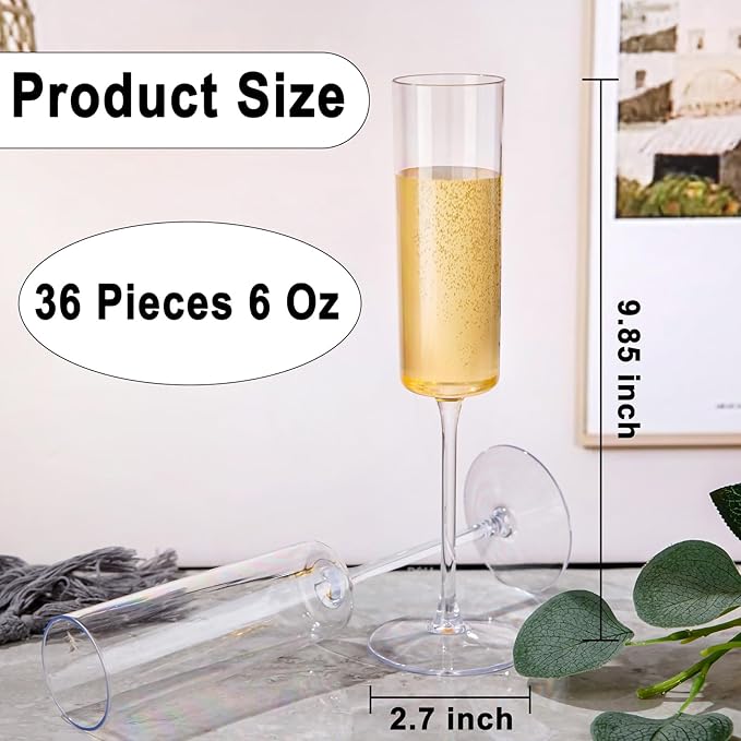 Ciaell 36 Pack Plastic Champagne Flutes - 6 Oz Disposable Champagne Glasses - Square Clear Plastic