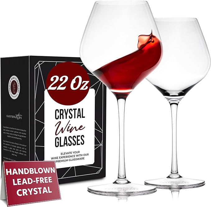 Gusto Nostro Crystal Wine Glasses Set of 2, 22 Oz Long Stem Modern Wine Glasses for White and Red