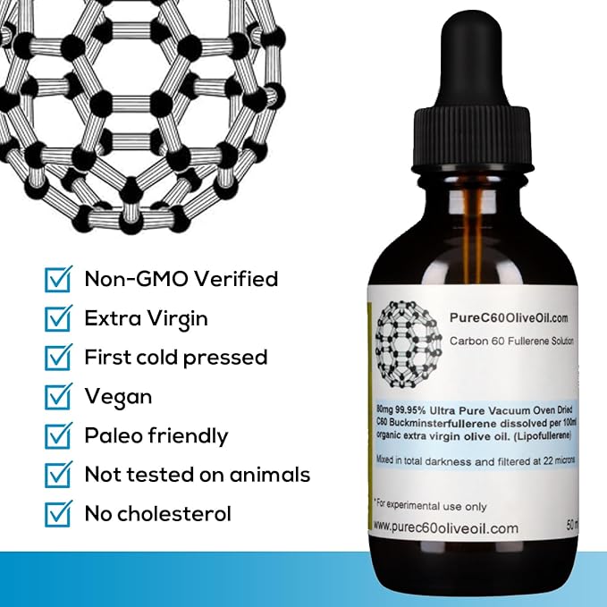 PureC60OliveOil C60 Olive Oil 50ml / 1.7 Fl Oz - 99.95% Carbon 60 Solvent Free 40mg - Amber Glass