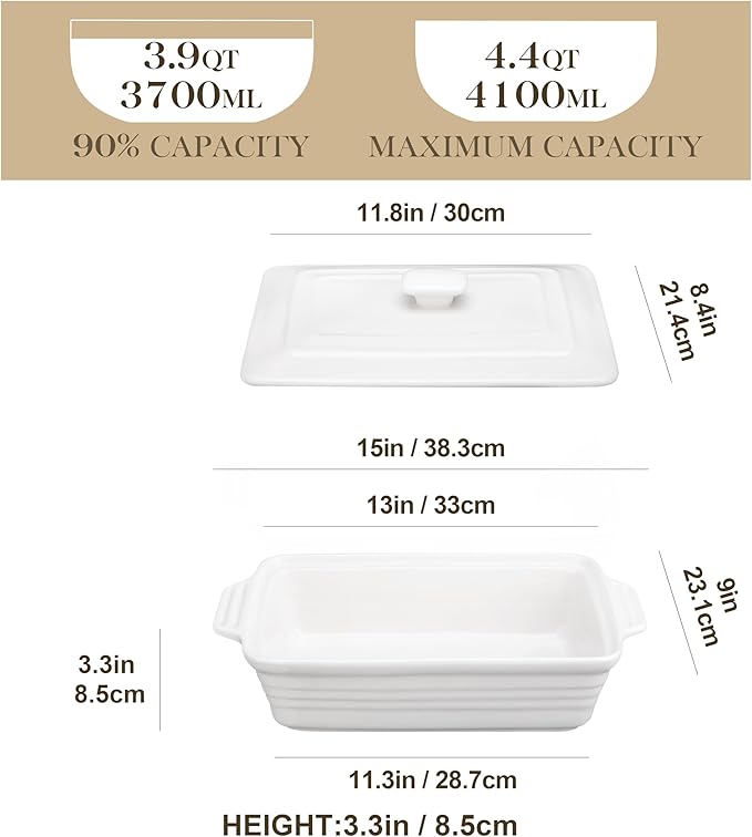 MALACASA 4.4 Quart Baking Dish With Lid, Porcelain Casserole dish with Lid, 13 x 9 Lasagna Pan Deep