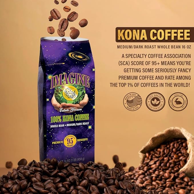 Imagine Kona Organic Coffee Beans | Arabica Kona Beans | Top Grade Air Roasted | Medium Dark Roast