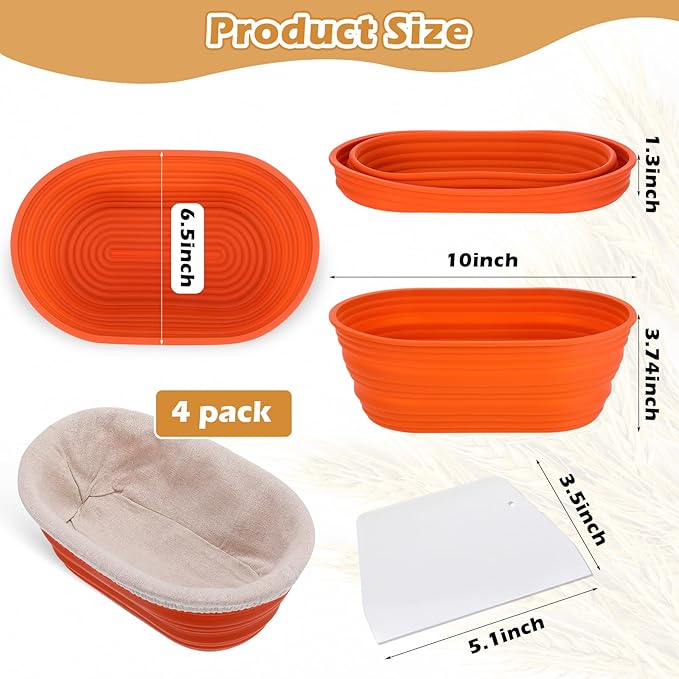 Nuogo 4 Pack Oval Bread Proofing Basket Silicone 10 Inch Collapsible Sourdough Bread Baking