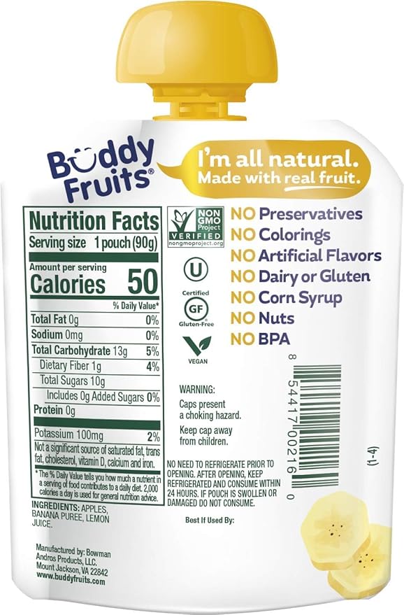 Buddy Fruits Snacks To Go Banana Unsweetened Applesauce 3.2oz Pouch (18pk)
