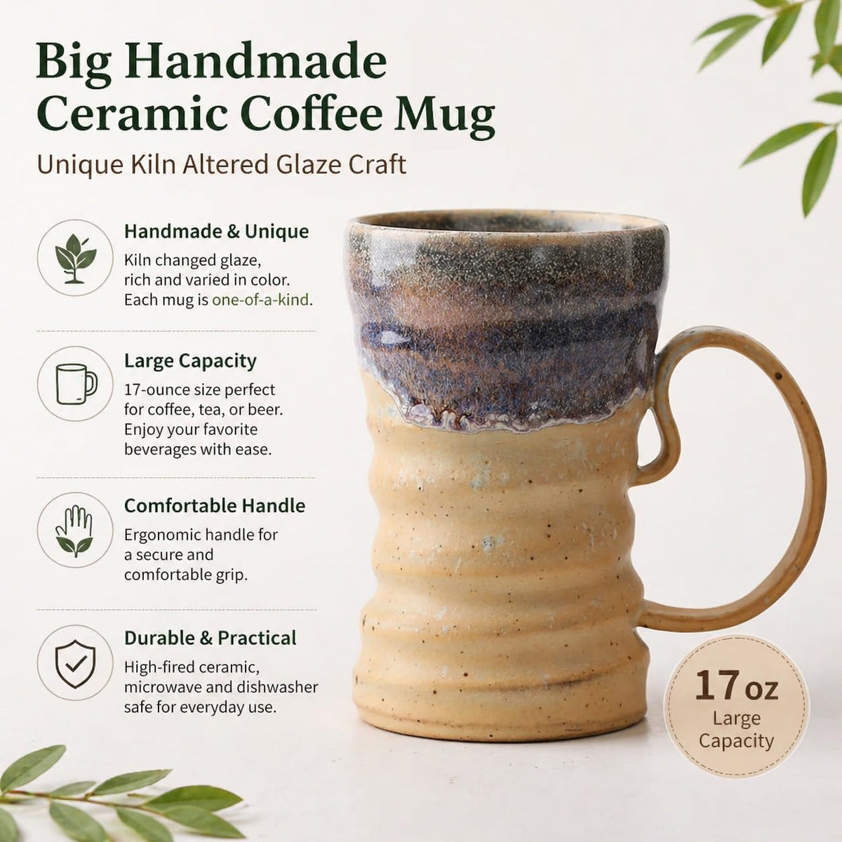 17oz Large Unique Cool Tall Handmade Ceramic Coffee Mug with Comfortable Big handle, Big Pottery