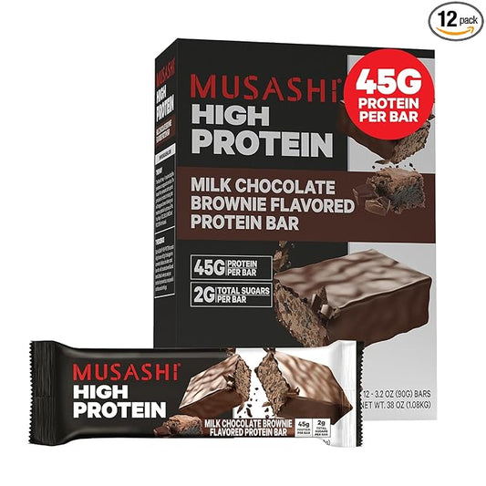 MUSASHI High Protein Bar, 45g Protein, 2g Total Sugars, Milk Chocolate Brownie, Post Workout and