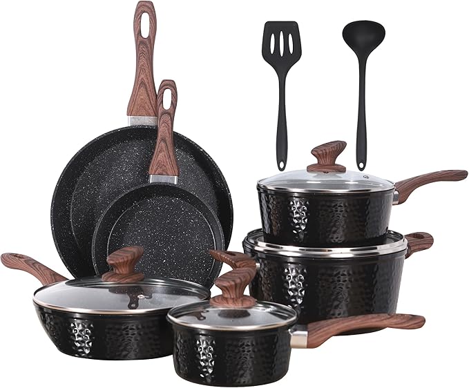 Kitchen Academy Induction Pots and Pans Set Non Stick - 12 Pcs Nonstick Kitchen Cookware Set, Black
