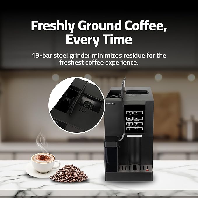 Epsilon Fully Automatic Coffee Machine with Grinder, Coffee & Espresso Maker Combo, Built-In Milk