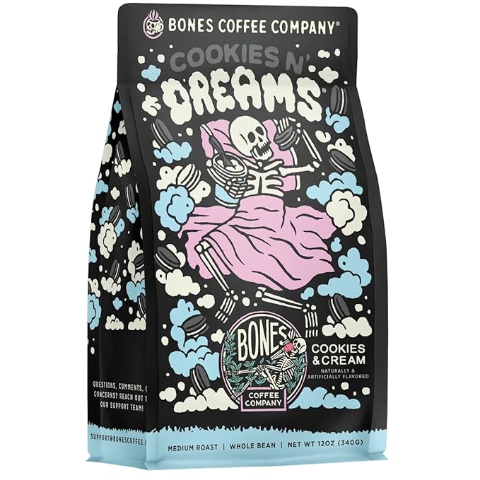 Bones Coffee Company Cookies 'N Dreams Cookies and Cream Flavored Coffee, Medium Roast Low Acid