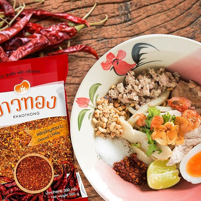 Khaothong Thai Ground Chili Pepper, Crushed Thai chili peppers, Ground red chili, Hot chili flakes