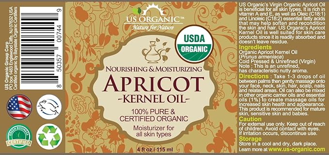 US Organic Apricot Kernel Oil, USDA Certified Organic,100% Pure & Natural, Cold Pressed Virgin