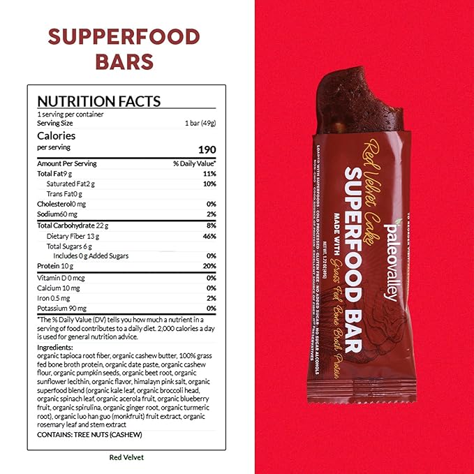 Paleovalley Superfood Bars – Red Velvet– 12 Pack – 9g Protein per Bar – Gluten-Free, Grain-Free