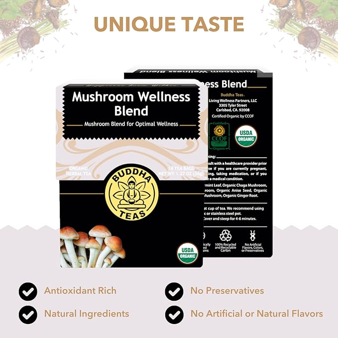 Buddha Teas - Organic Mushroom Wellness Blend - Herbal Tea - For Health & Wellbeing - With
