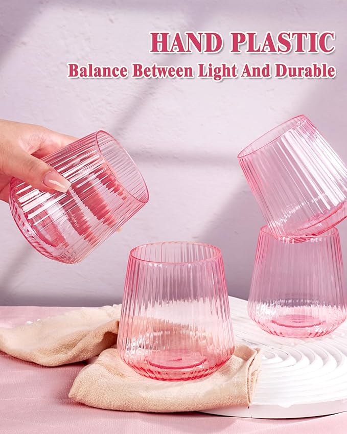 30 Pack Pink Plastic Ribbed Wine Glasses, 14 OZ Origami Stemless Disposable Wine Champagne Whiskey