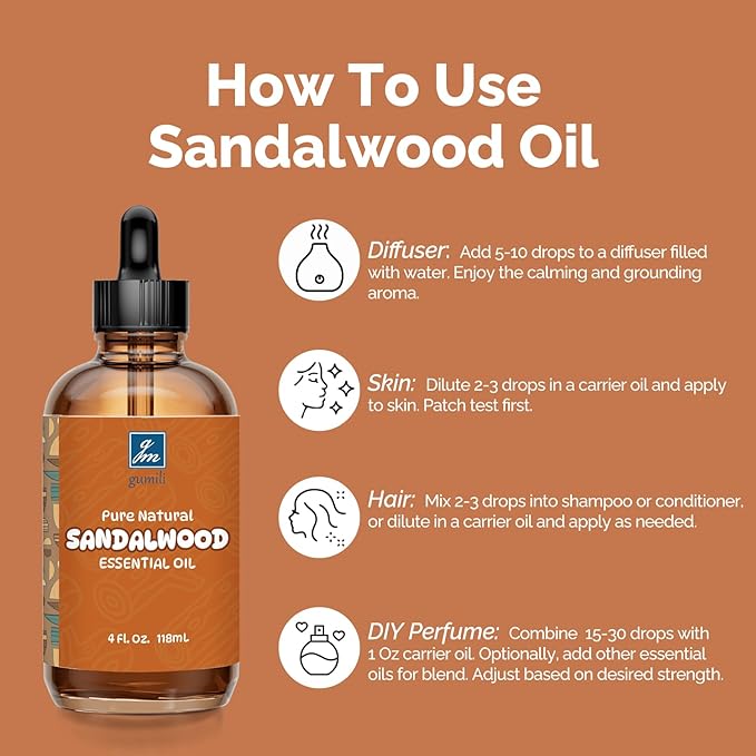 Sandalwood Essential Oil 4 Oz, 100% Pure Sandalwood Oil for Diffuser, Skin, Hair, Body & Face